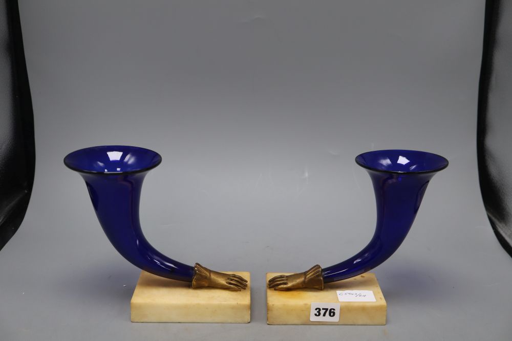 A pair of 19th century Bristol Blue cornucopia, height 17cm